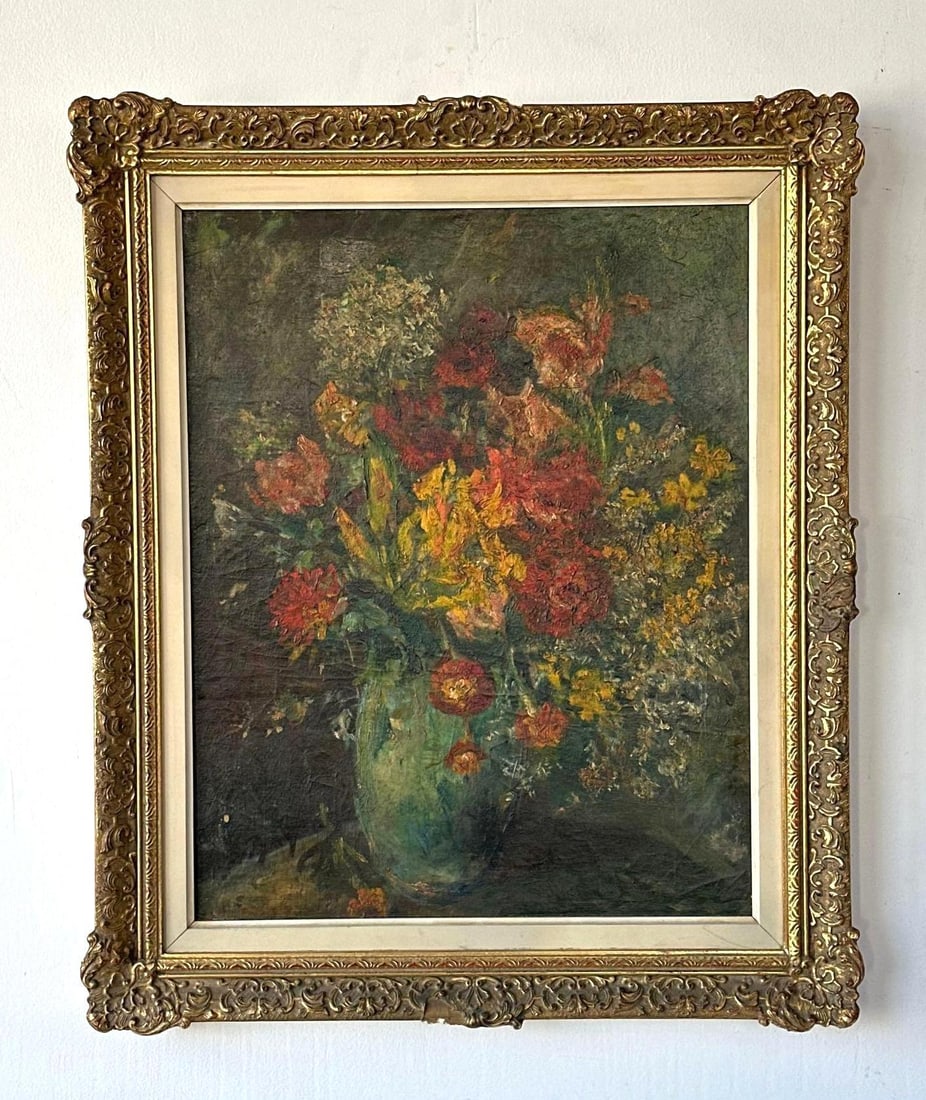 IMPRESSIONIST FLORAL STILL LIFE OIL ON CANVAS PAINTING SIGNED: A framed floral still life oil painting on canvas featuring impressionist-style flowers in a green vase. Approximate Dimensions Overall: 24”L x 20”W Approximate Painting Dimensions: 19&rd