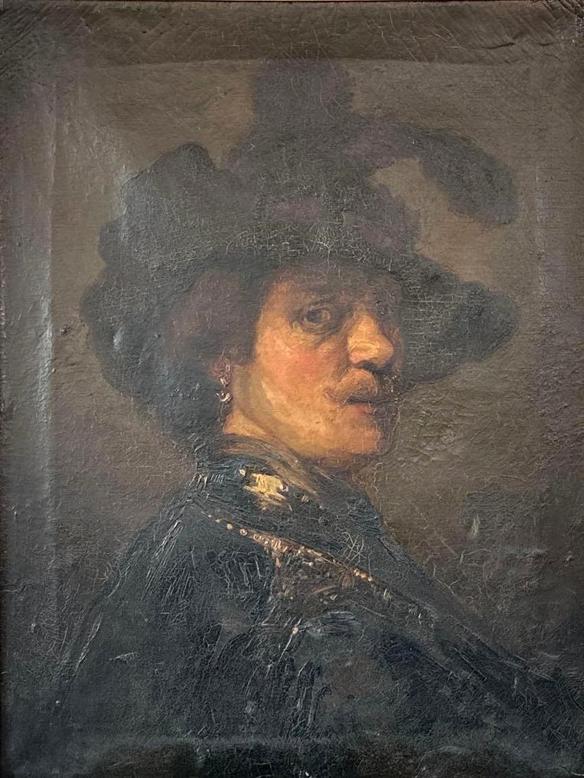 AFTER REMBRANDT VAN RIJN "PORTRAIT OF HIMSELF" OIL ON CANVAS: Antique oil on canvas portrait depicting the artist in a plumed hat and gorget based on the original 17th-century masterpiece in the Mauritshuis collection housed in an ornate gilded composition frame