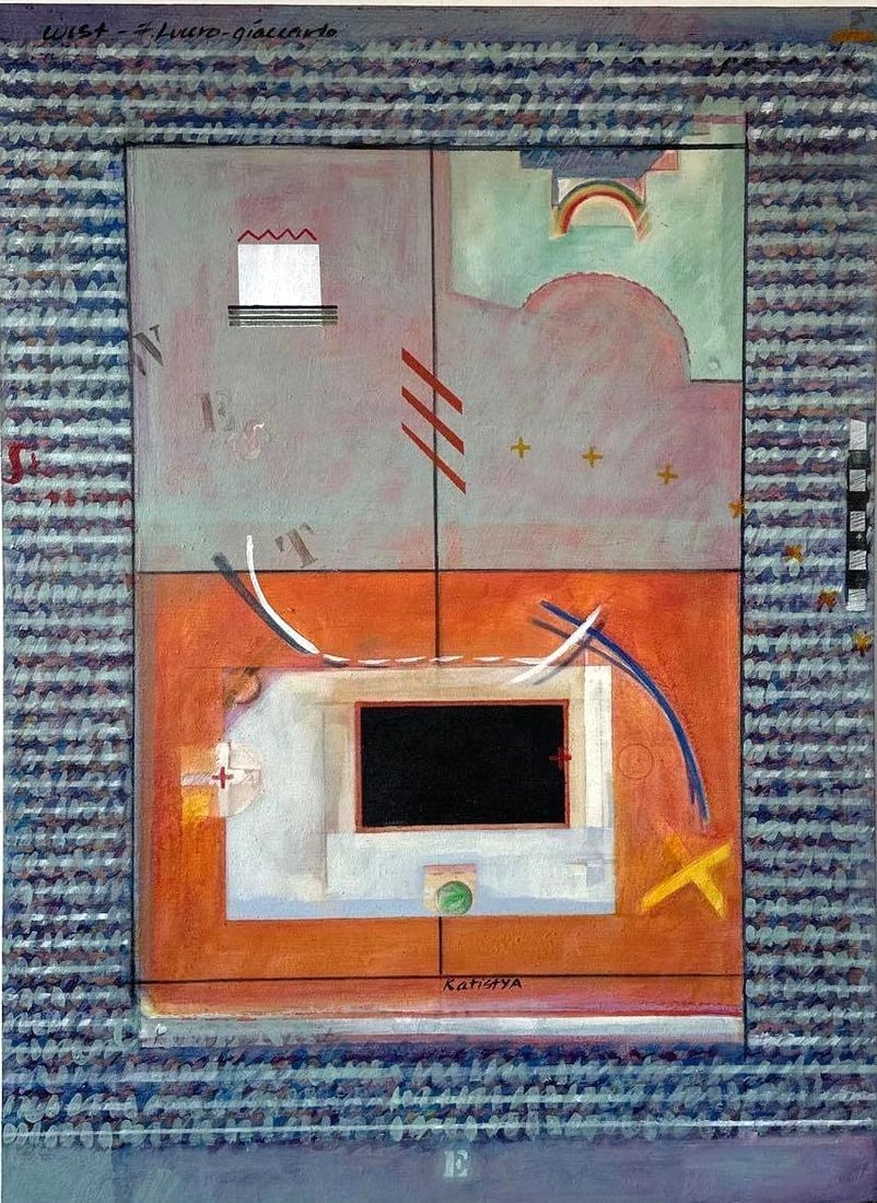 F. LUCERO GIACCARDO OIL ON CANVAS PAINTING ABSTRACT SIGNED: Original large-scale abstract oil on canvas painting by San Felipe Pueblo artist Felice Lucero-Giaccardo featuring a multi-paneled composition with geometric forms, symbolic motifs, and textual inscri