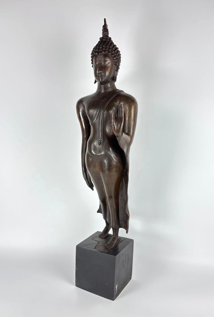 BRONZE WALKING BUDDHA STATUE ON WOODEN BASE (1 of 11)