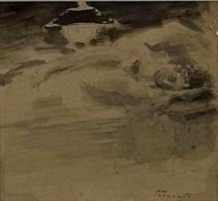 GAETANO PREVIATI (ITALIAN, 1852–1920) "SLEEPING NUDE" WATERCOLOR ON PAPER: Monochromatic ink and wash study of a reclining figure on paper. Approximate Dimensions: 5.5" x 6" ; Frame 16.75" x 16.75" Artist or Maker: Gaetano Previati Provenance: From the collection of Walf