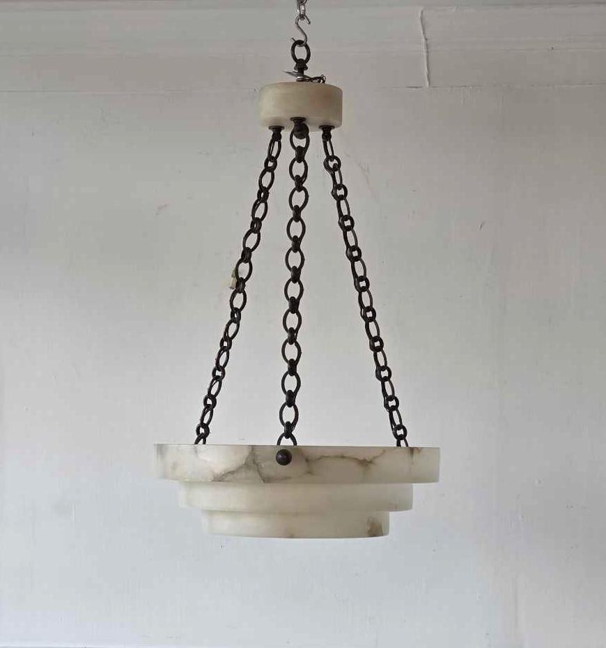 VINTAGE FRENCH ART DECO STEPPED ALABASTER BOWL CHANDELIER PENDANT LIGHT MATCHING COLLAR (1 OF 2) (1 of 10)