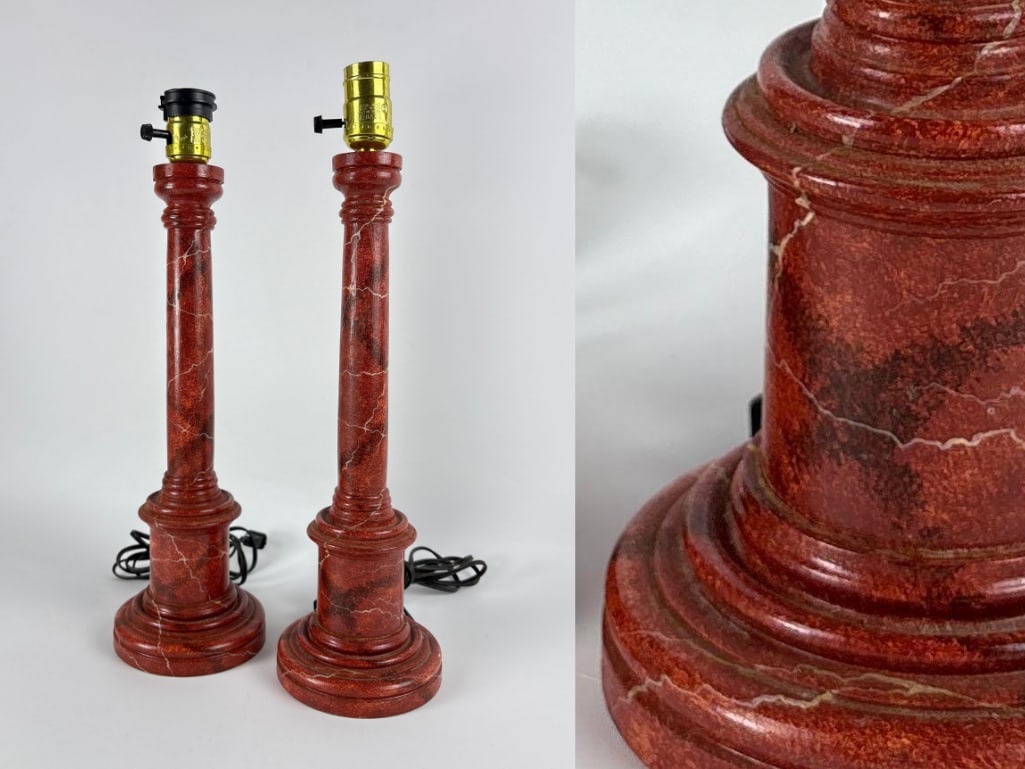 PAIR OF WOODEN FAUX MARBLE COLUMN LAMPS (1 of 7)