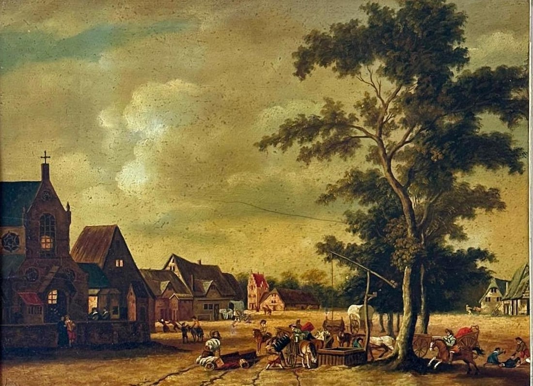 DUTCH SCHOOL OLD MASTER STYLE VILLAGE SCENE PAINTING AFTER PETER JANSZ POST: A framed oil painting on board inspired by the style of artist and architect Pieter Jansz Post, featuring a village scene. Unsigned. Overall Approximate Dimensions: 16.5”L x 20”W Art Appr