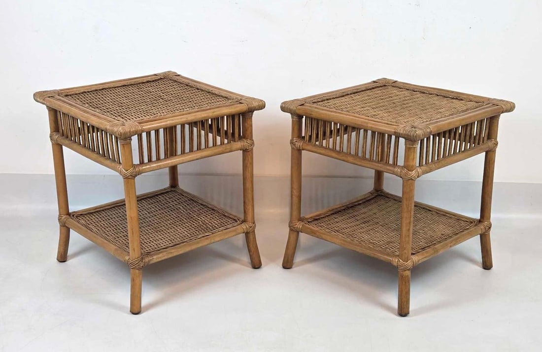 PAIR VINTAGE MID CENTURY MODERN RATTAN TWO TIER SIDE TABLES (1 of 12)