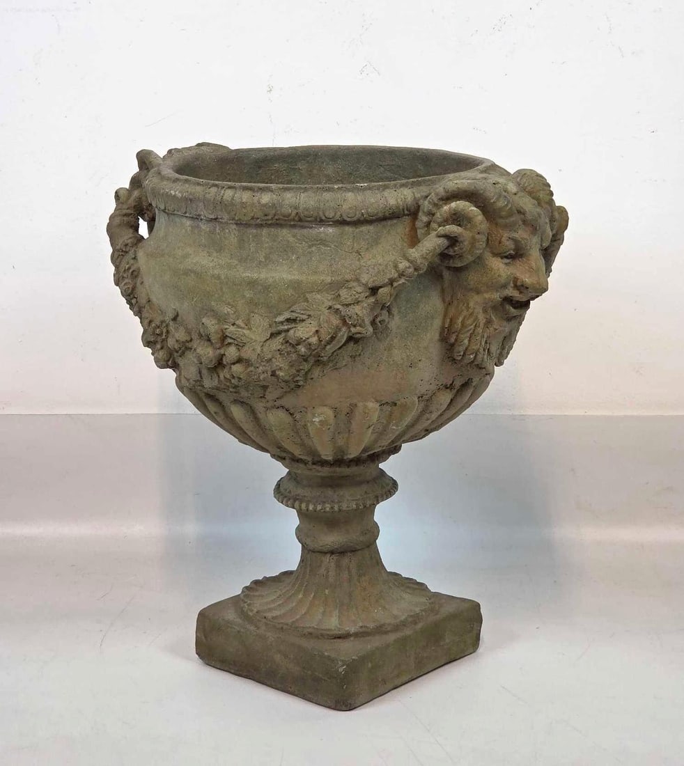 NEOCLASSICAL RAMS HEAD PAN CONCRETE COMPOSITE GARDEN URN PLANTER (1 of 10)