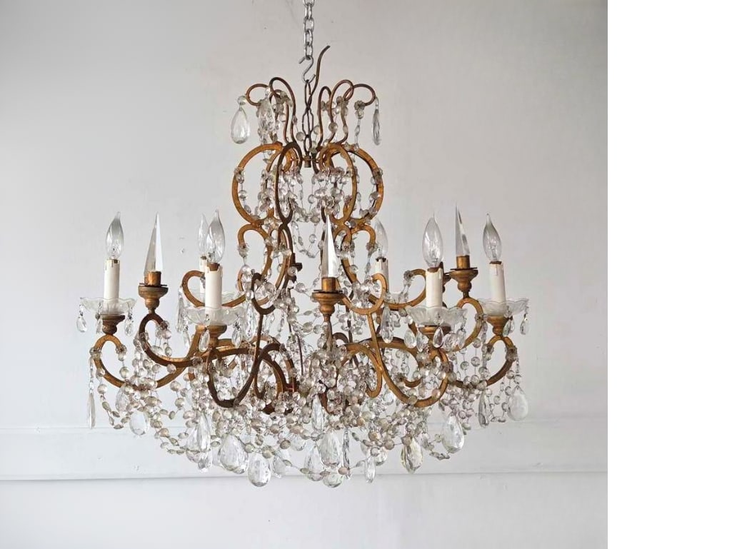 GILT METAL & WOOD CRYSTAL SIX LIGHT CHANDELIER (1 of 11)