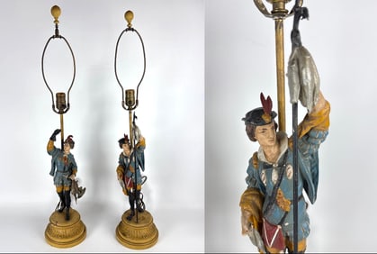 PAIR OF VINTAGE HAND-PAINTED METAL BLACK FOREST STYLE HUNTER FIGURAL TABLE LAMPS