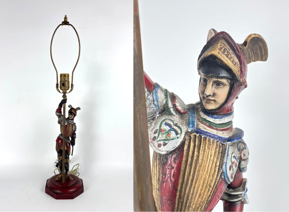 ANTIQUE POLYCHROME CONQUISTADOR FIGURAL TABLE LAMP: *This table lamp is a painted figure of a Spanish Conquistador soldier standing on a decorative base and holding the light fitting. Approximate Dimensions: 24.5" h x 5.5" dia Artist or Maker: