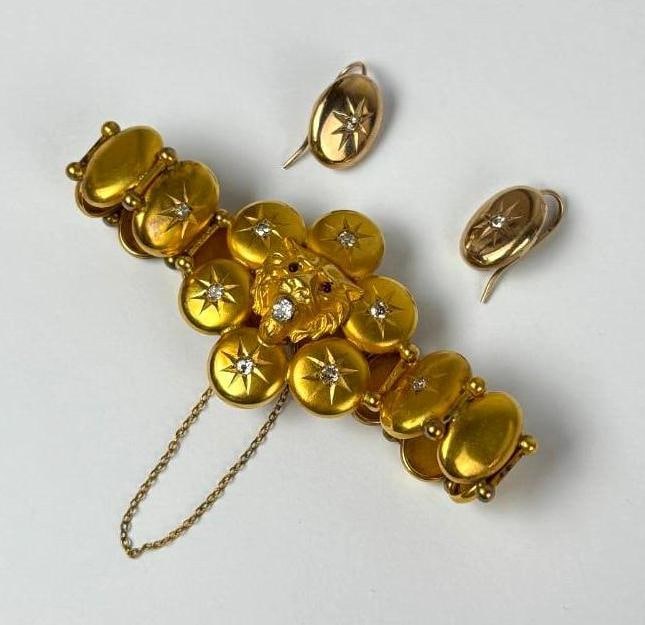 VINTAGE 9K YELLOW GOLD LION HEAD BRACELET AND EARRING SET WITH STONES (1 of 7)