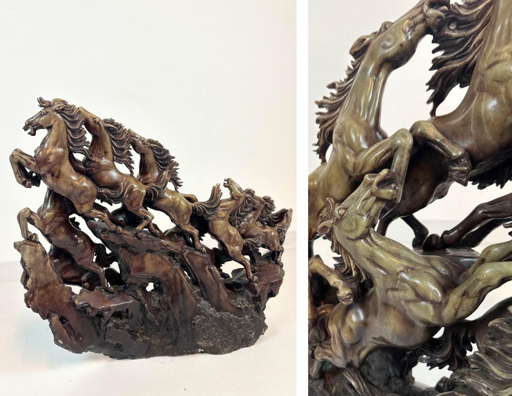 MASSIVE HARD STONE SCULPTURE: HERD OF TEN GALLOPING HORSES CHINA: *A figural sculpture carved from a single piece of hard stone, depicting a herd of wild horses galloping over a rocky terrain. Dimensions: 25”H x 35”W x 8”D Maker: Unknown Provenan