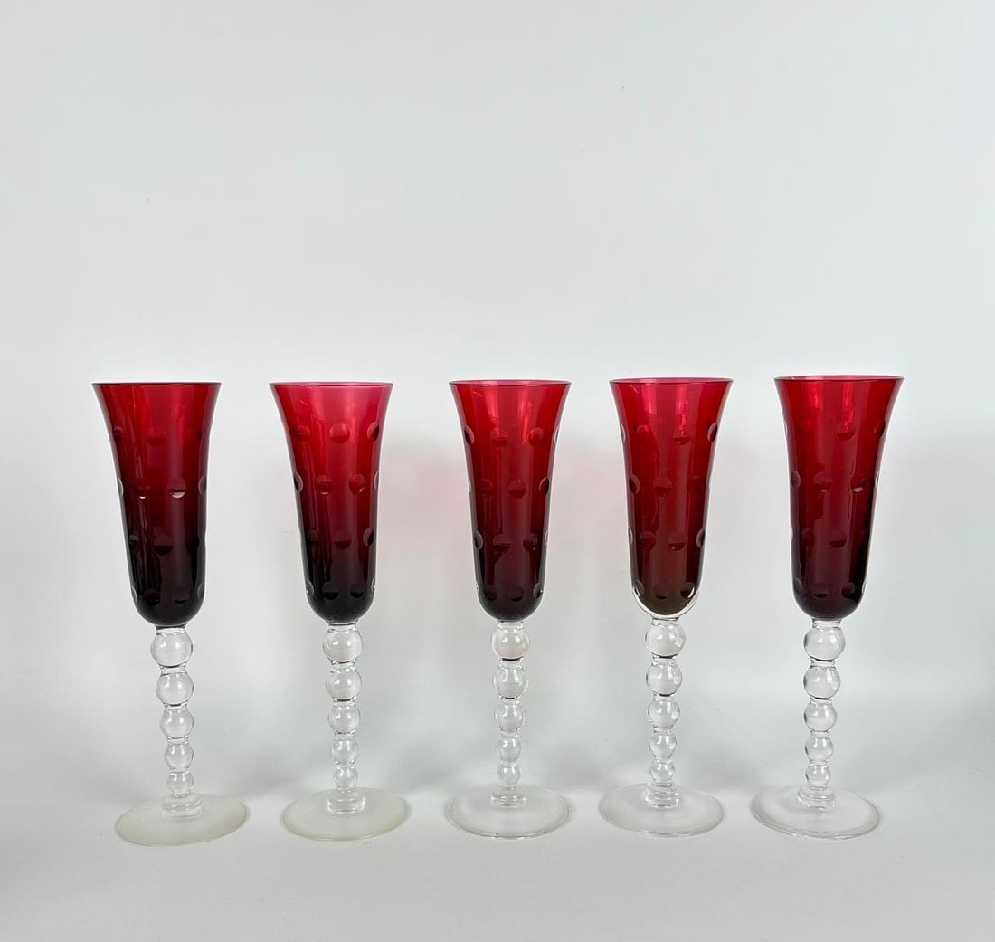 SET OF 5 ST. LOUIS "BUBBLES" RUBY RED CRYSTAL CHAMPAGNE FLUTES (1 of 7)