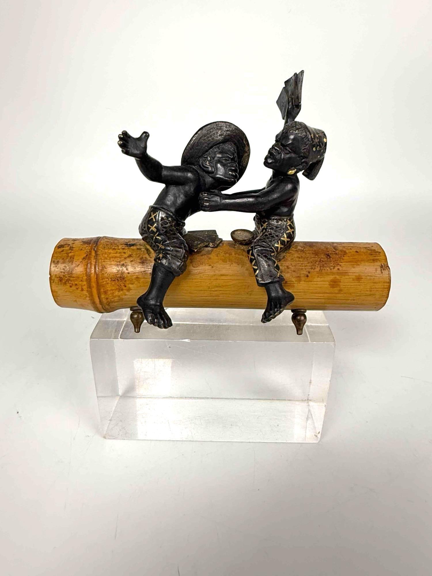 BERGMAN STYLE COLD PAINTED BRONZE CARD PLAYERS ON BAMBOO (1 of 9)