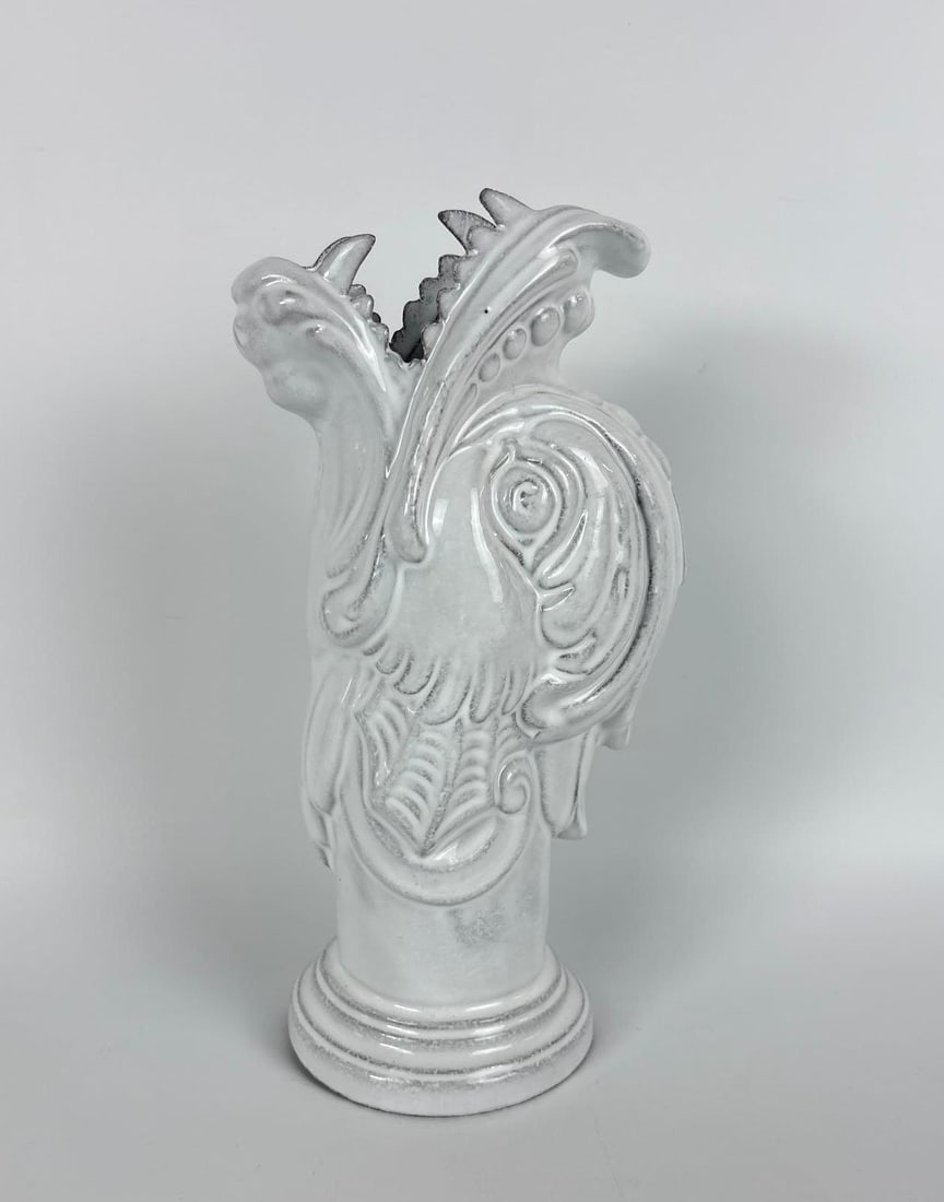 VINTAGE ASTIER DE VILLATTE CERAMIC DRAGON VASE: Hand-sculpted French black terracotta vessel with a signature milky white enamel glaze and an intricate Chinoiserie-inspired dragon relief. Approximate Dimensions: 11" h x 5" dia Artist or Ma