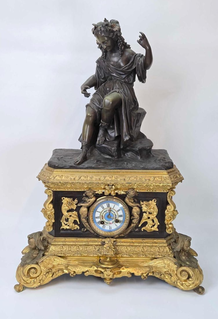EXCEPTIONAL ANTIQUE FRENCH FIGURAL BRONZE AND GILT BRONZE CLOCK (1 of 19)