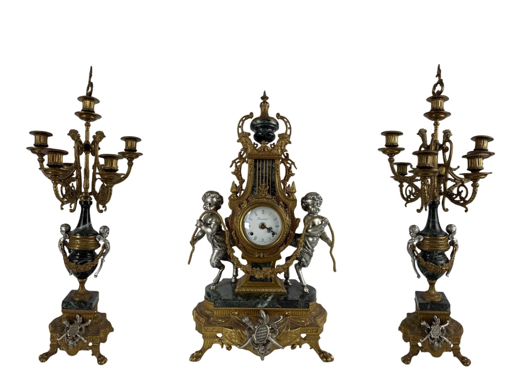 THREE PIECE FRENCH STYLE BRONZE ORMOLU AND MARBLE IMPERIAL CLOCK GARNITURE (1 of 20)