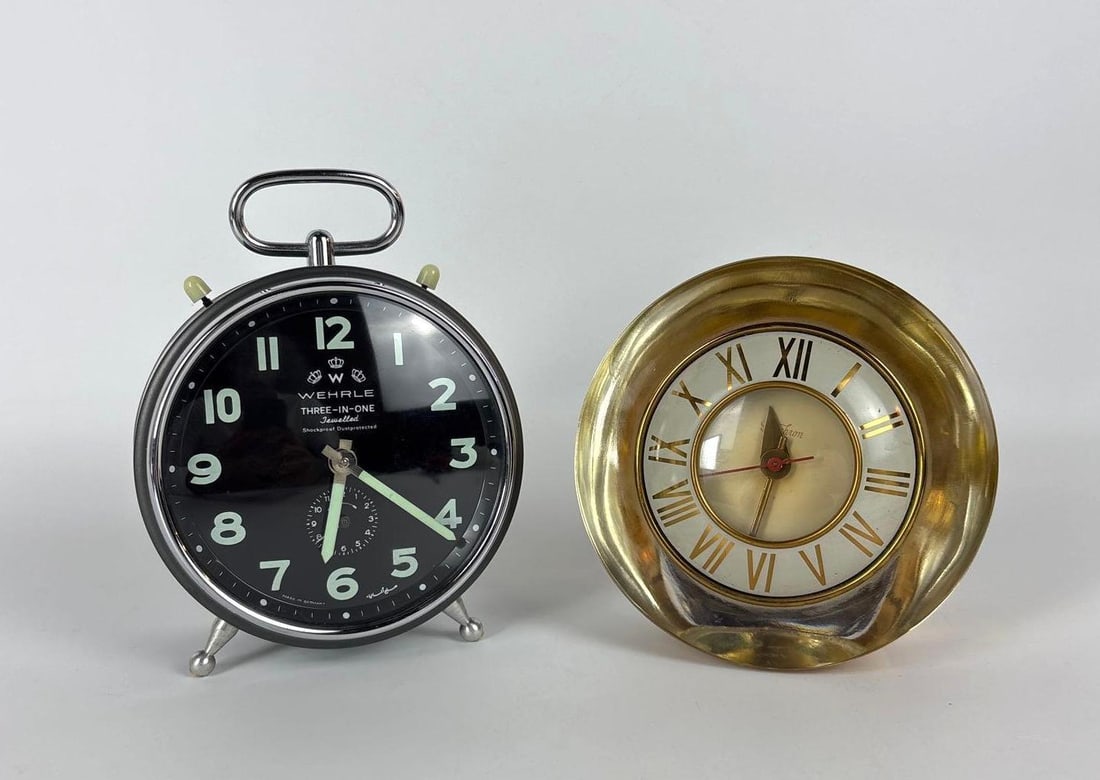 PAIR OF VINTAGE ALARM CLOCKS WEHRLE THREE-IN-ONE AND TELECHRON BRASS LOOK (1 of 8)