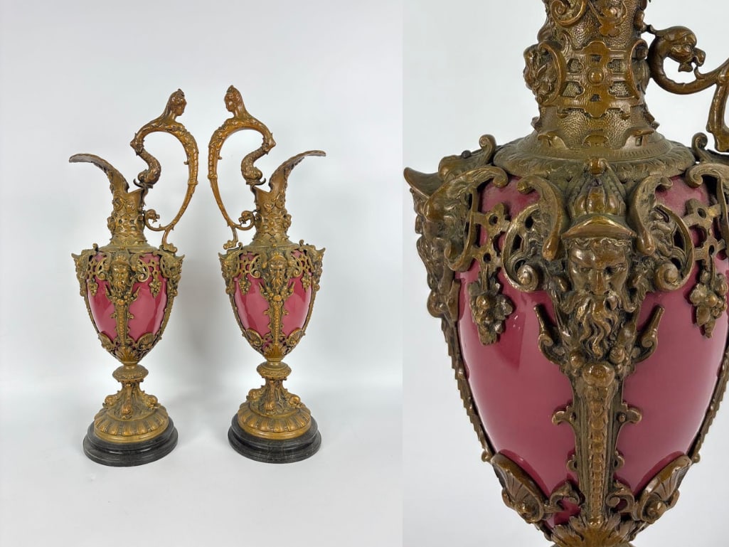 PAIR OF CONTINENTAL NEOCLASSICAL GILT METAL AND RED ENAMEL EWERS (1 of 12)
