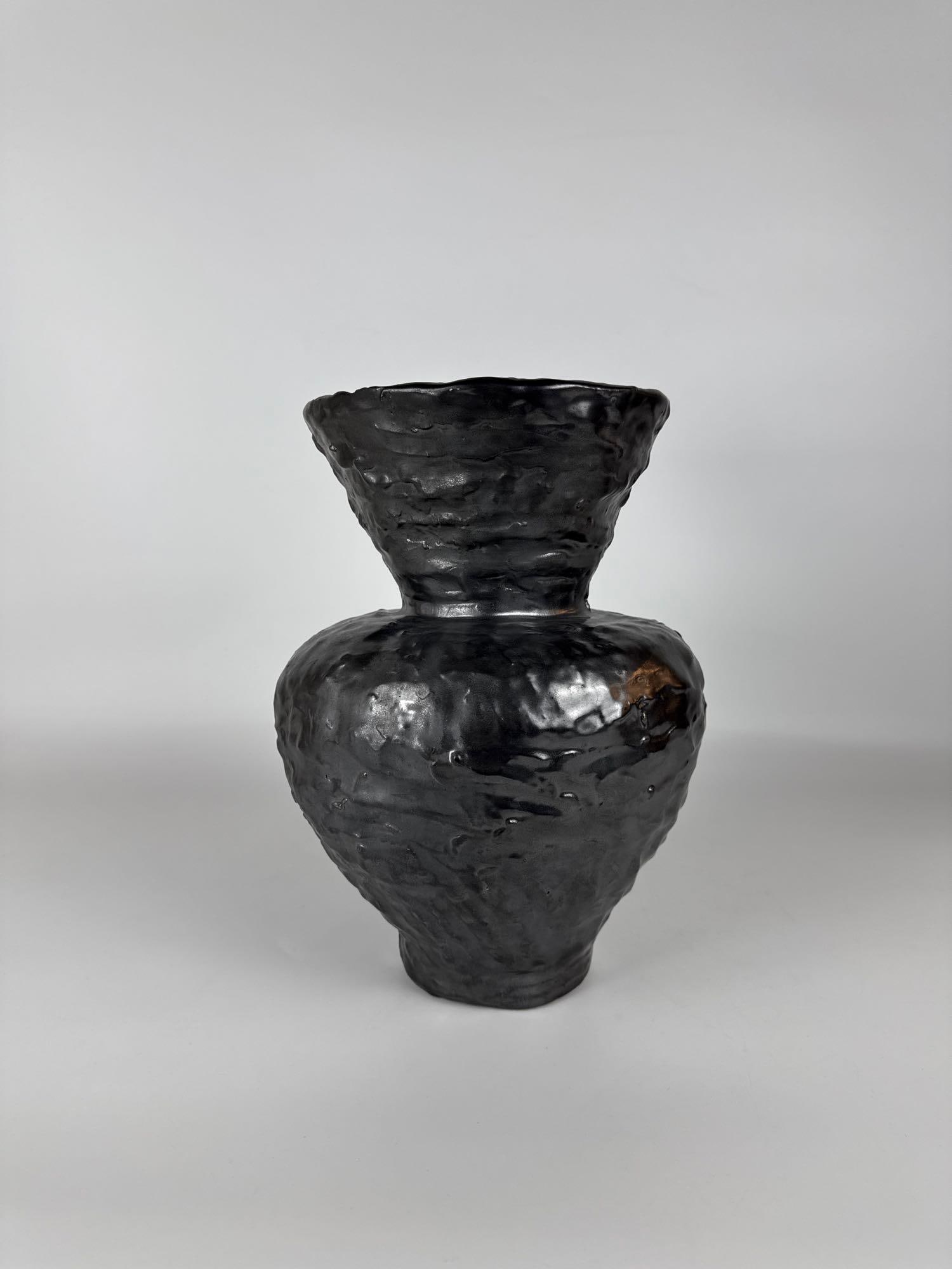 ANDREW LORD 13" BLACK GLAZED CERAMIC HAND-MODELED VASE SCULPTURE SIGNED: *This impressive 13-inch hand-built stoneware vase sculpture by Andrew Lord has a heavily textured, irregularly modeled surface finished in a deep black matte or glossy glaze. Dedicated and signed on