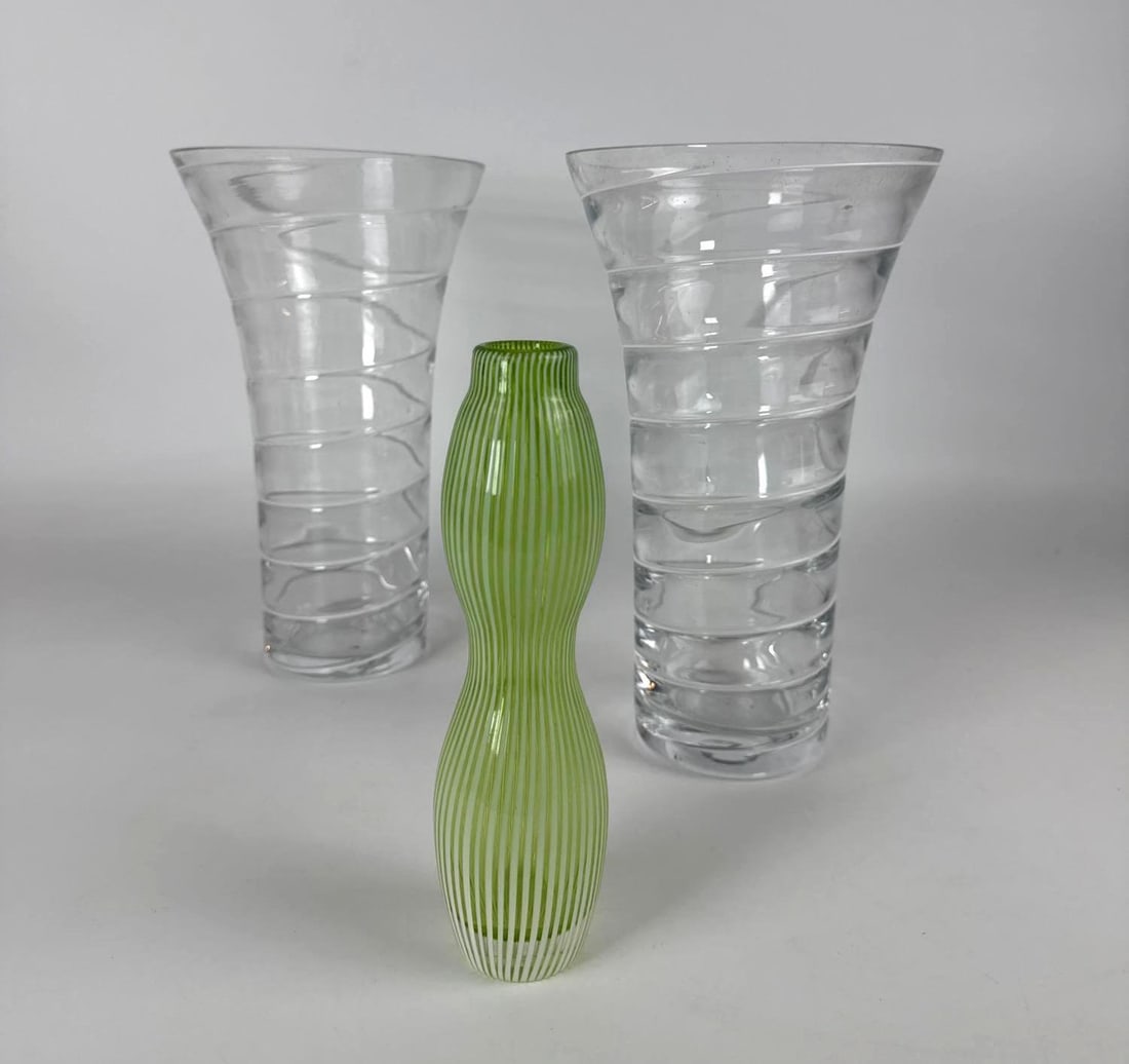 TRIO OF VINTAGE MURANO ART GLASS VASES SET OF 3 VENETIAN HAND-BLOWN MODERNIST: *A set of three hand blown vases. Approximate Dimensions: Larger pair: 10” T x 6” Dia; Green: 9” T x 2” Dia Artist or Maker: Unknown Provenance: From