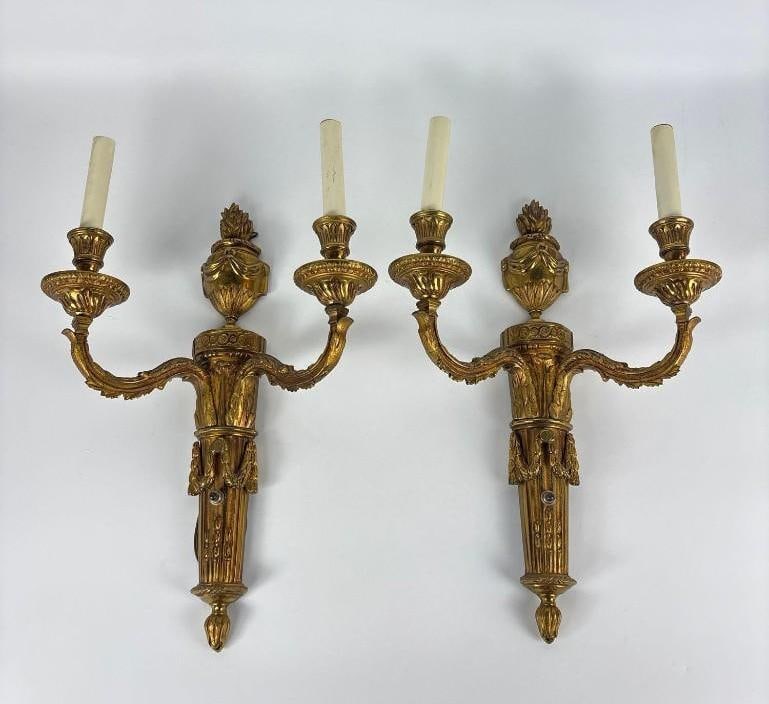 PAIR OF FRENCH LOUIS XVI STYLE GILT BRONZE TWO LIGHT WALL SCONCES (1 of 8)