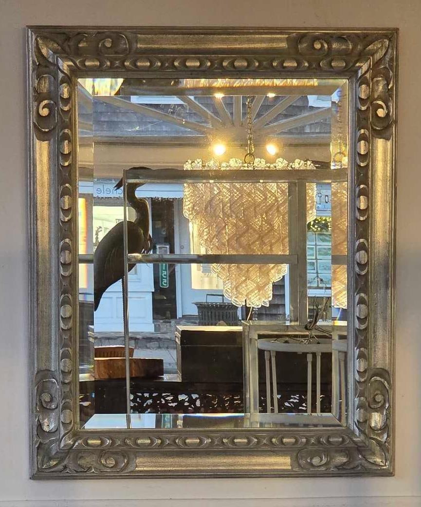 ANTIQUE SILVER GILT CARVED WOOD RECTANGULAR BEVELED WALL MIRROR (1 of 9)