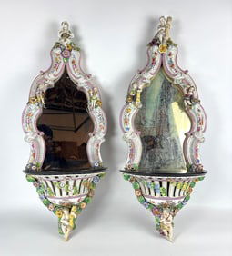 EXQUISITE PAIR OF ROCOCO MEISSEN STYLE PORCELAIN FIGURAL MIRRORED SCONCE WALL BRACKETS