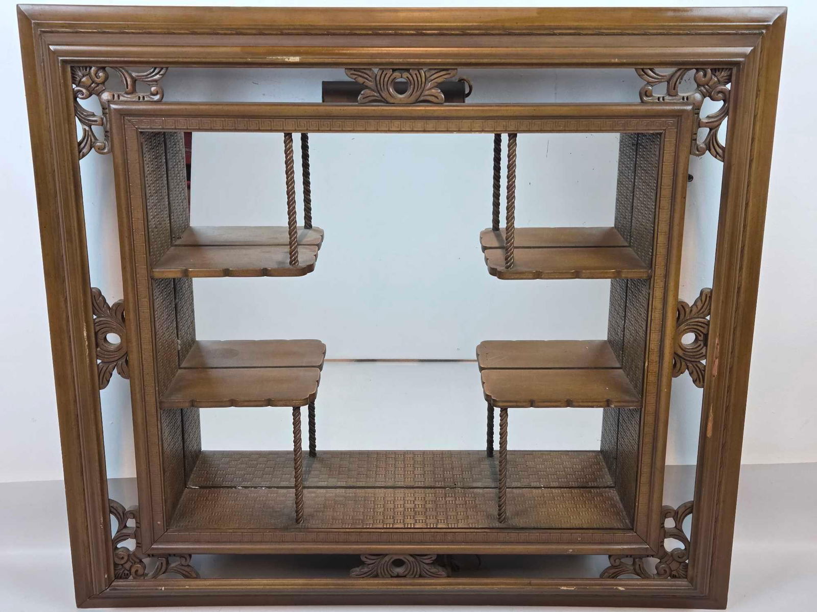 VINTAGE ASIAN CARVED WOOD LIGHTED SHADOW BOX MIRROR CURIO CABINET (1 of 10)