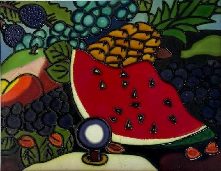 STAINED GLASS STYLE WATERMELON FRUIT STILL LIFE: A contemporary hand-painted or glazed ceramic tile depicting a vibrant fruit still life with a sliced watermelon, pineapple, and grapes in a bold, stained-glass-inspired aesthetic, set within a simple