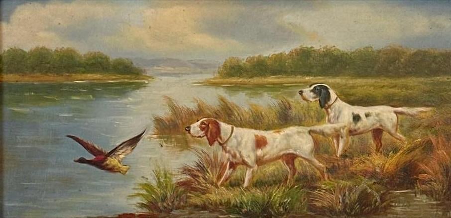 19TH CENTURY OIL ON BOARD SPORTING PAINTING OF SETTERS AND DUCK, SIGNED DATED 1879 (1 of 9)