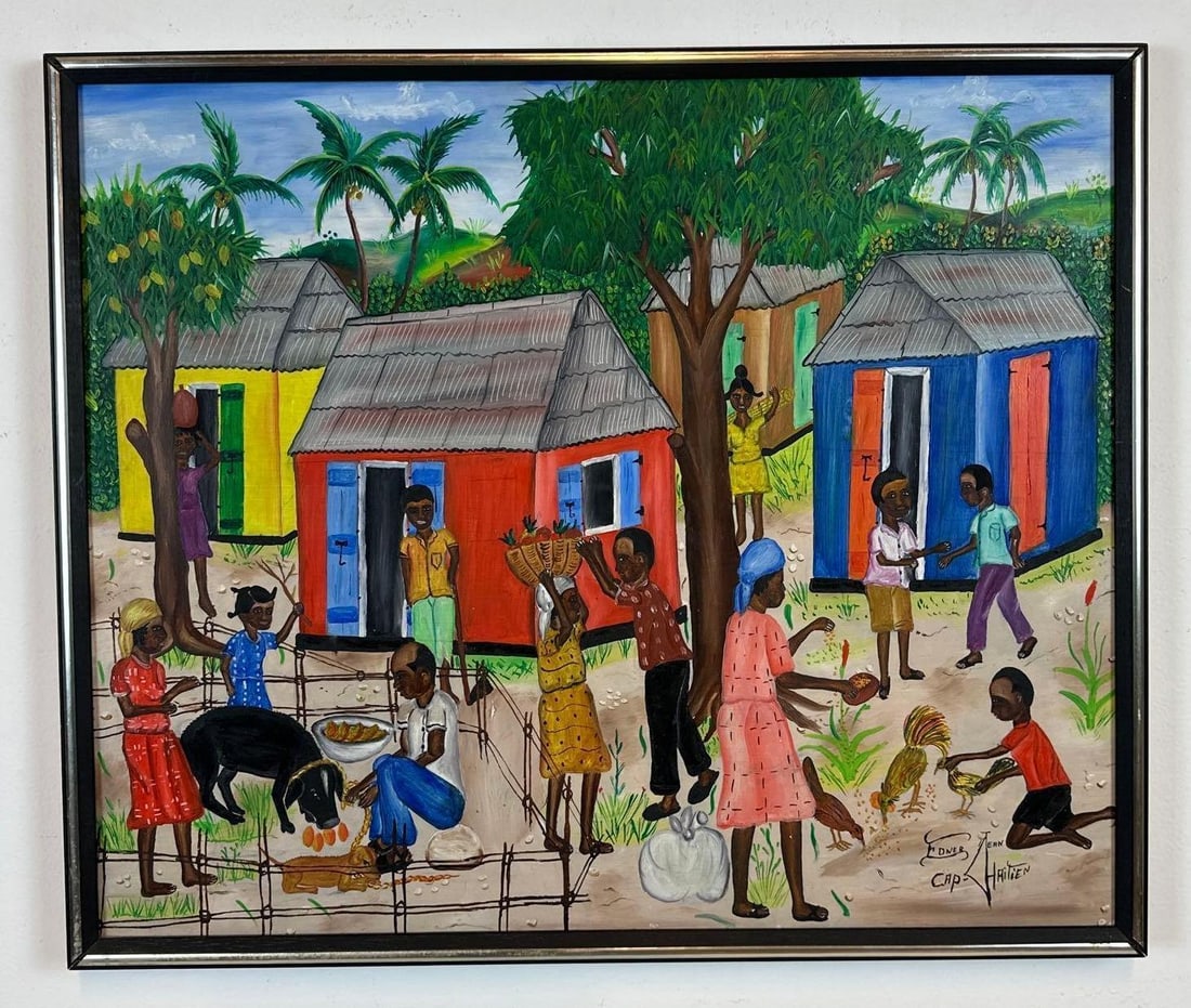 VIBRANT EDNER JEAN HAITIAN VILLAGE SCENE PRIMITIVE PAINTING: *This colorful oil on canvas board depicts the daily life of people in a Haitian village setting surrounded by lush tropical vegetation. Approximate Dimensions: 20”h x 23.5”w Artist: Edner