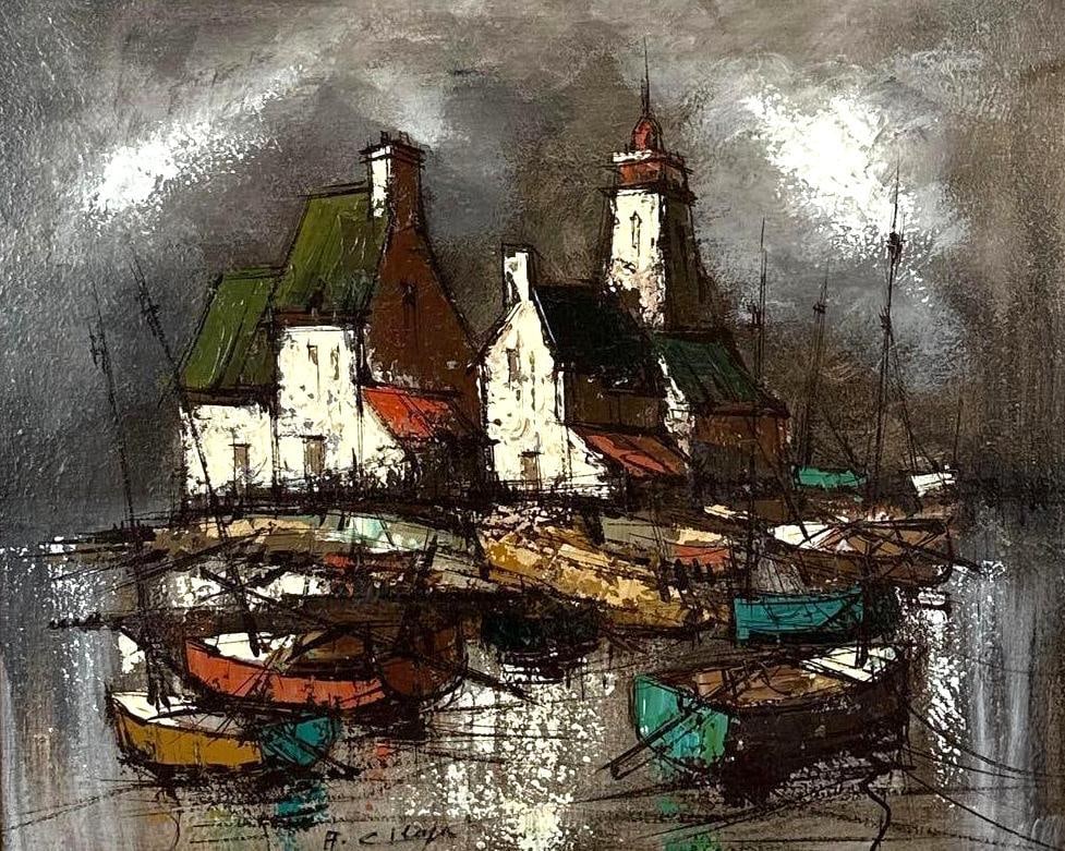 FRENCH MODERNIST ABSTRACT HARBOR PAINTING, SIGNED (1 of 7)