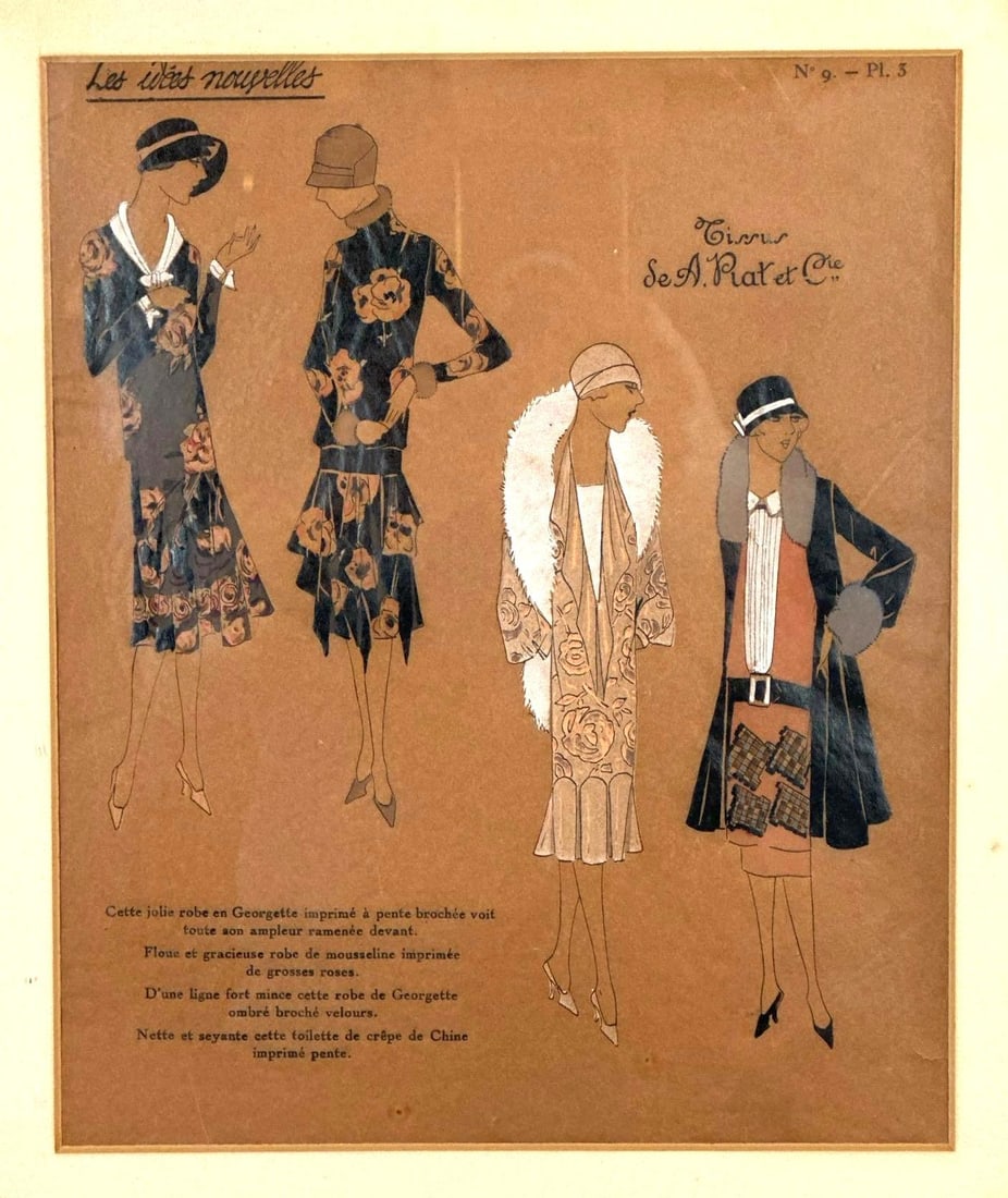 FRENCH ART DECO POCHOIR FASHION PLATE: *An original, hand-colored French fashion pochoir print illustrating high-end women's fashion, circa the 1920s. Approximate Dimensions: 11”L x 9”W Artist: Unknown Provenance: A New York