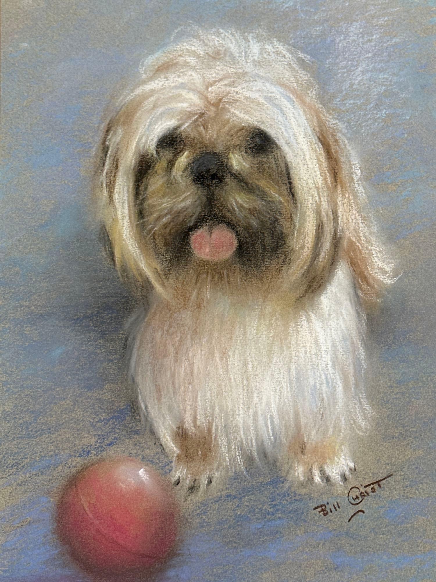BILL CHRIST PASTEL LHASA APSO DOG PORTRAIT, SIGNED: *A pastel portrait of a lhasa apso dog posing with a red ball by Long Island artist, Bill Christ. Approximate Dimensions: 14”L x 10.5”W Artist: Bill Christ Provenance: A New York Collec