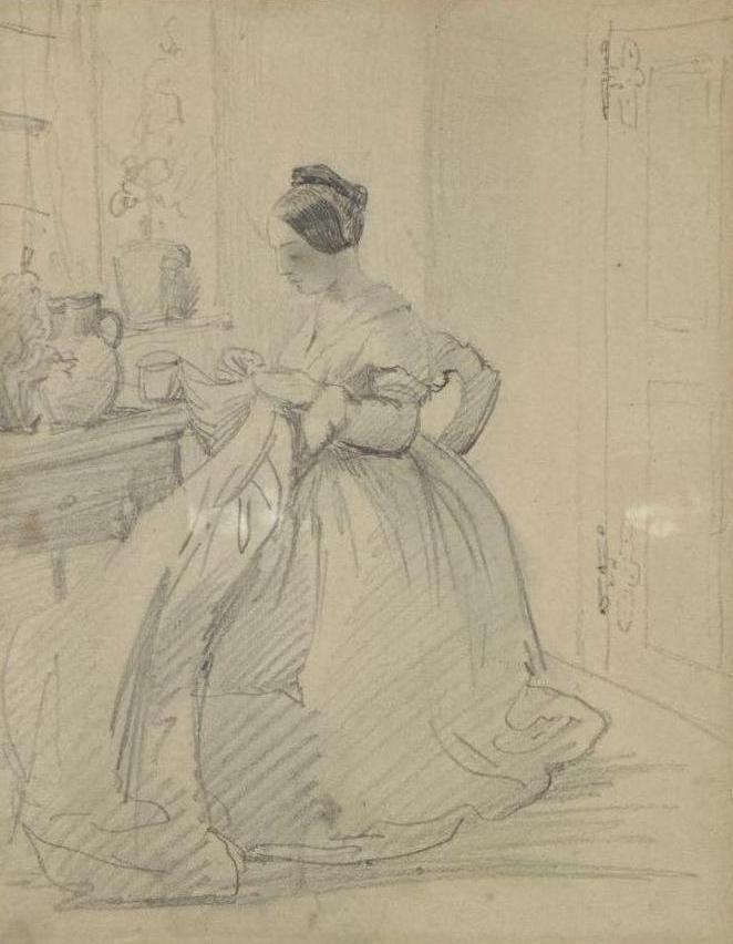 FINE ANTIQUE GRAPHITE DRAWING OF A WOMAN SEWING (1 of 6)