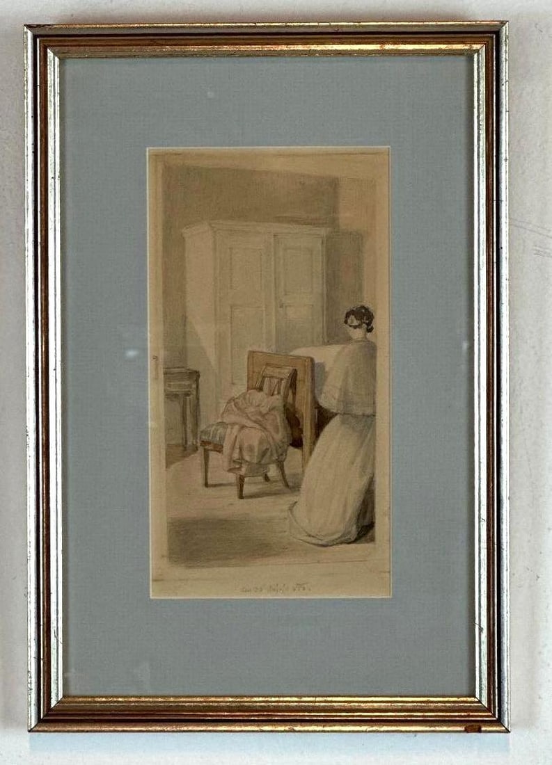 19TH CENTURY FIGURAL SCENE PENCIL DRAWING FRAMED: *A 19th century scene drawing of an elegant woman in a long dress standing in a modestly furnished room next to a dress draped wooden chair. Dimensions: 7”L x 3.75”W Artist: Unknown Pro
