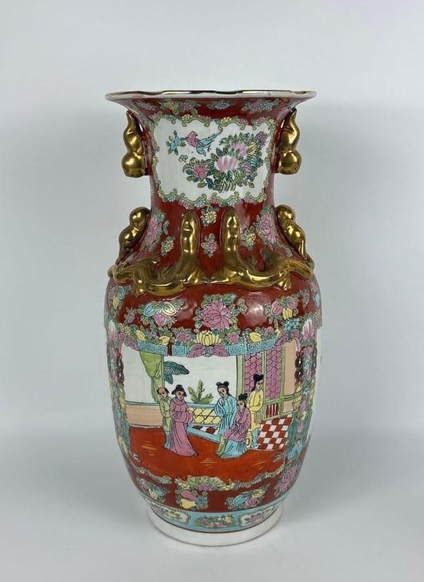 VINTAGE CHINESE FAMILLE ROSE PORCELAIN BALUSTER VASE: Large hand-painted polychrome vase. Approximate Dimensions: 17.5" H x 8" Dia Artist or Maker: Unknown Provenance: From a New York Collector Notes: Although care is taken to photograph and desc