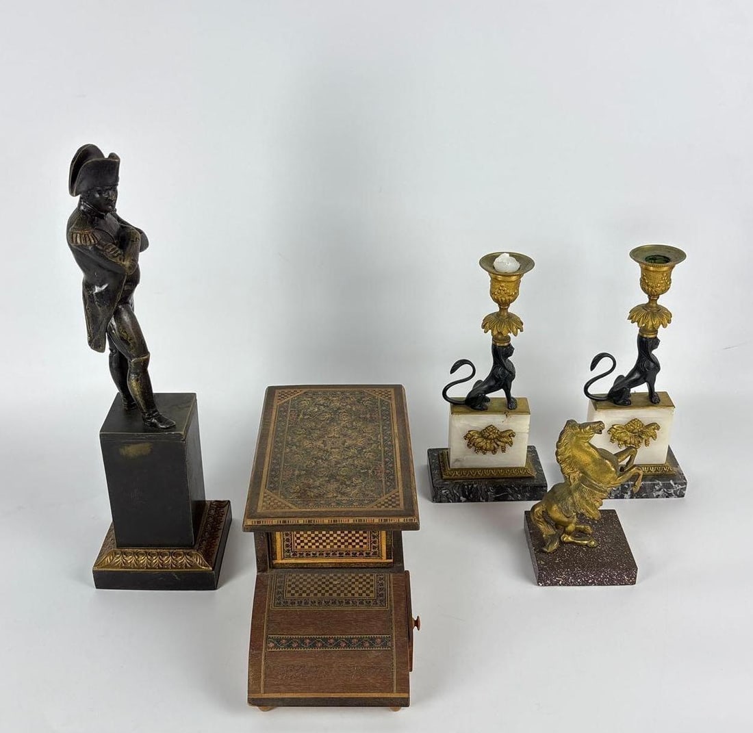 DISCOVERY LOT:  BRONZE FIGURES, EGYPTIAN REVIVAL CANDLE HOLDERS, AND INLAID BOX (1 of 14)