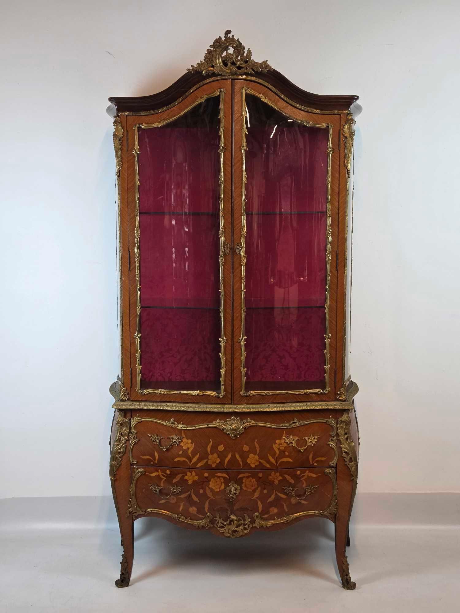 LOUIS XV STYLE INLAID BRONZE MOUNTED TWO-PART BOMBÉ VITRINE CABINET (1 of 20)