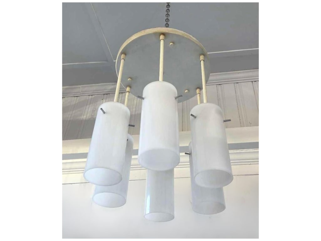 PAUL MAYEN FOR HABITAT INTERNATIONAL ATTR. SIX LITE VINTAGE CEILING FIXTURE: *This lot contains a striking six-light ceiling fixture with white cylindrical acrylic shades on a central metal frame. Approximate Dimensions: 23.75"h x 17"dia Maker: Paul Mayen for Habitat I