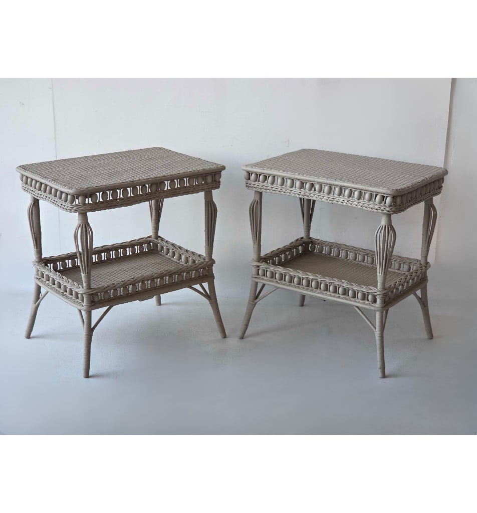 PAIR OF ANTIQUE WICKER TWO TIER PAINT DECORATED SIDE TABLES (1 of 13)