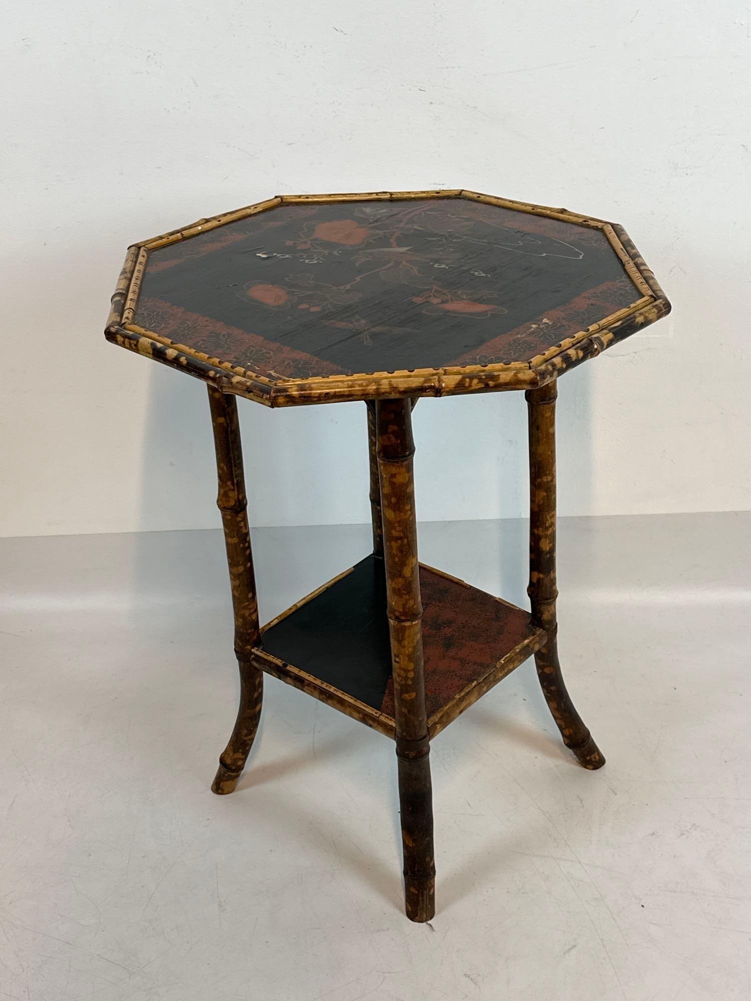 VINTAGE BAMBOO AND LACQUER OCTAGONAL TWO-TIER SIDE TABLE, CHINOISERIE STYLE (1 of 11)