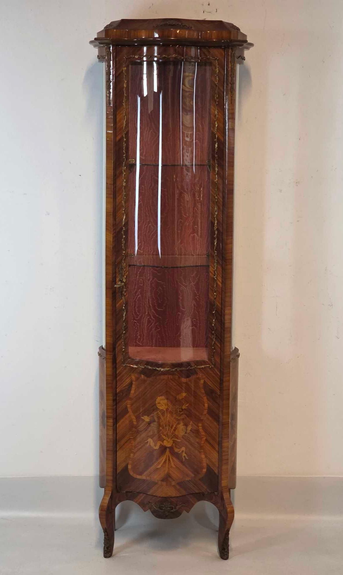 LOUIS XV STYLE INLAID BRONZE MOUNTED CURVED GLASS CURIO CABINET (1 of 20)