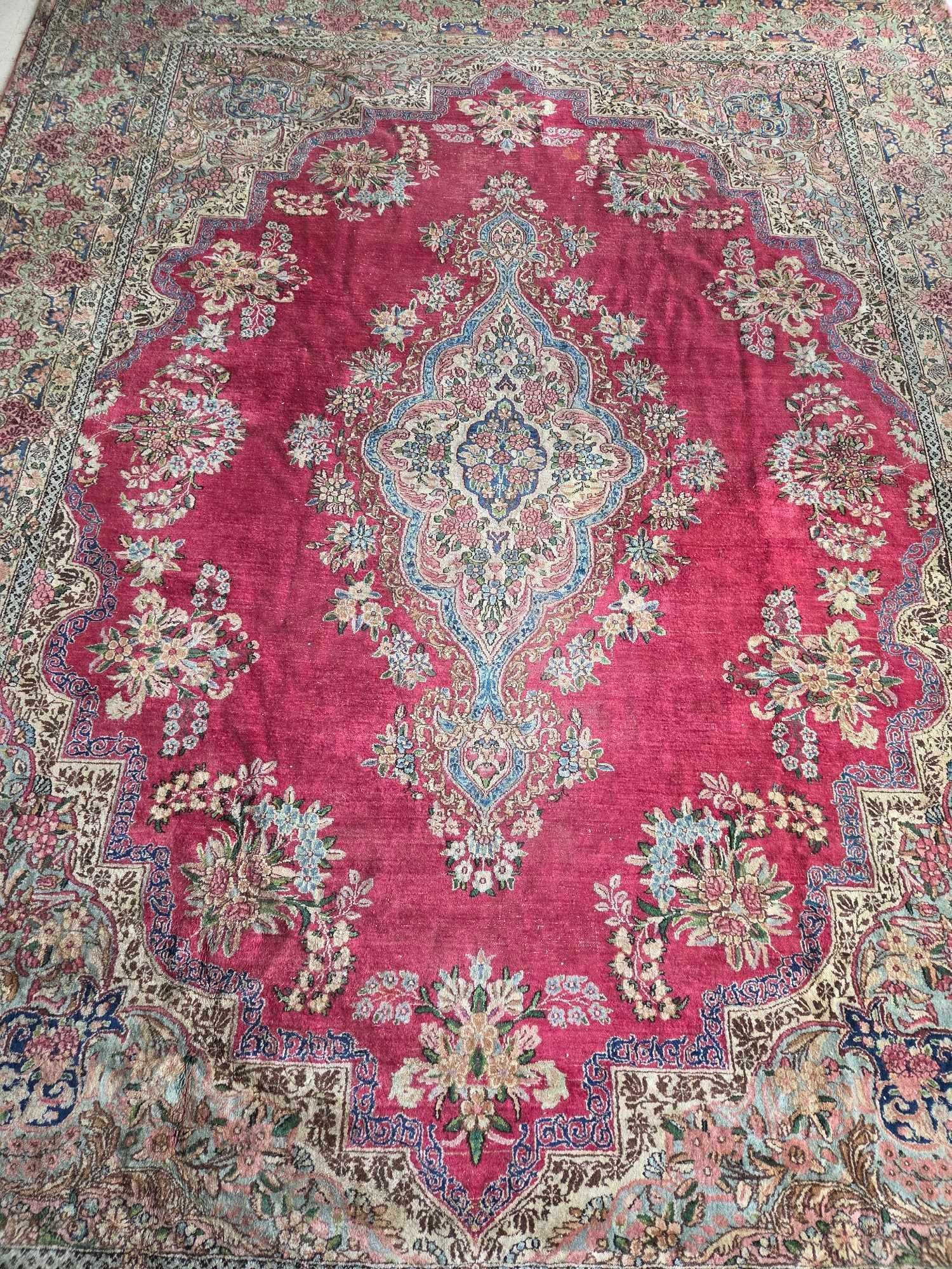 ANTIQUE PERSIAN KERMAN RUG ROOM SIZE 19TH CENTURY FLORAL MEDALLION HAND-KNOTTED: *This is a large, hand-knotted Persian wool carpet from the Kerman region, dating to the 19th century, with a central medallion and an ornate all-over floral design. Approximate Dimensions: 8'6" x 11'
