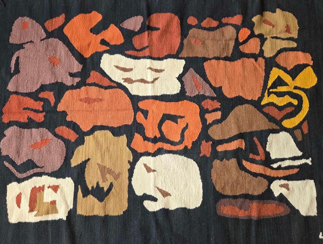 SIGNED VINTAGE HAND WOVEN WOOL TAPESTRY ABSTRACT ORGANIC SHAPES MID-CENTURY MODERN WALL HANGING (1 of 10)