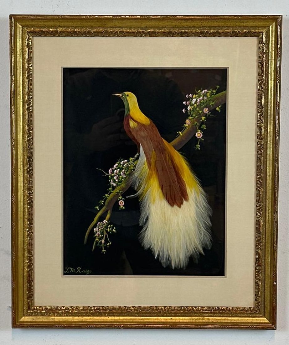 VINTAGE L.M. RUIZ 'BIRD OF PARADISE' FEATHER FOLK ART (1 of 7)