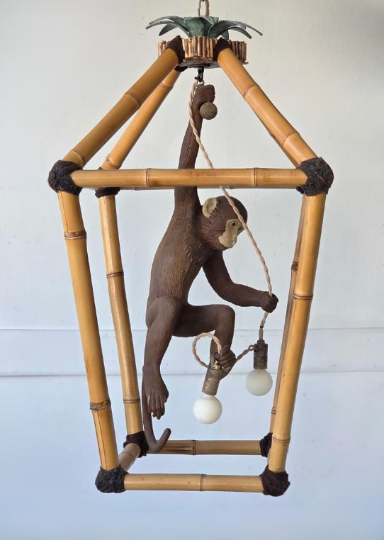 VINTAGE MAITLAND-SMITH STYLE MONKEY FIGURAL BAMBOO HANGING FIXTURE (1 of 16)