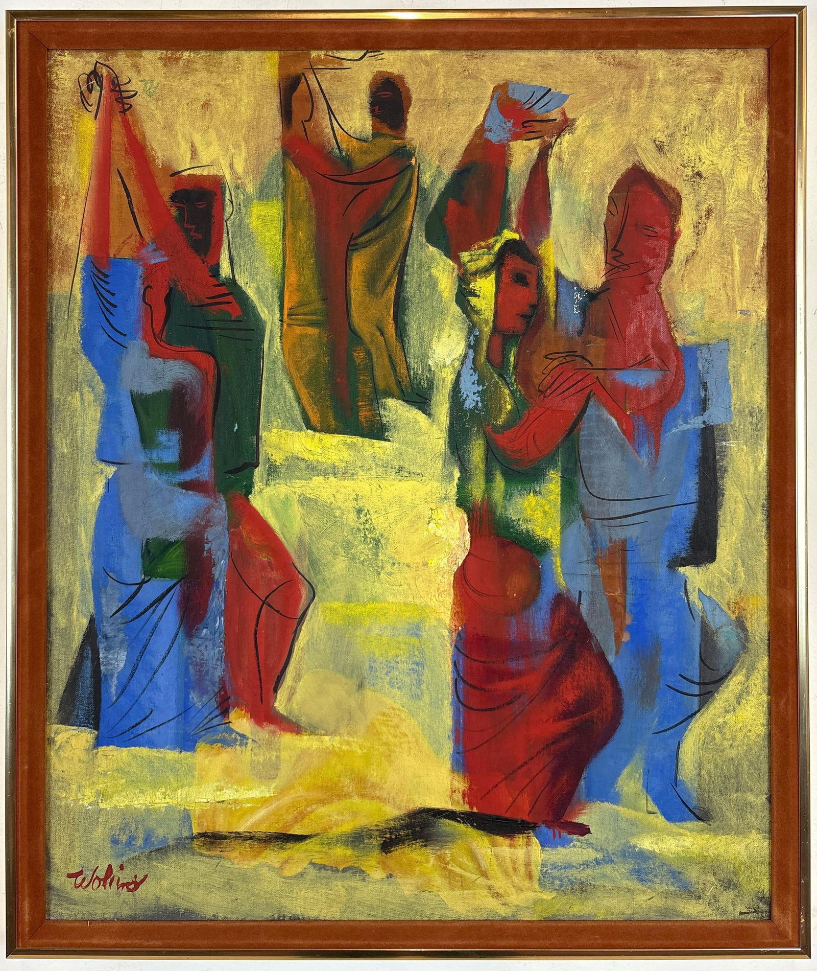 JOSEPH WOLINS OIL ON PANEL "SOLEMN DANCE": An abstract expressionist figural oil on panel painting depicting stylized dancers on a warm yellow-toned ground. Overall Approximate Dimensions: 25.25"L x 21"W Artist: Joseph Wolins Provenance: A