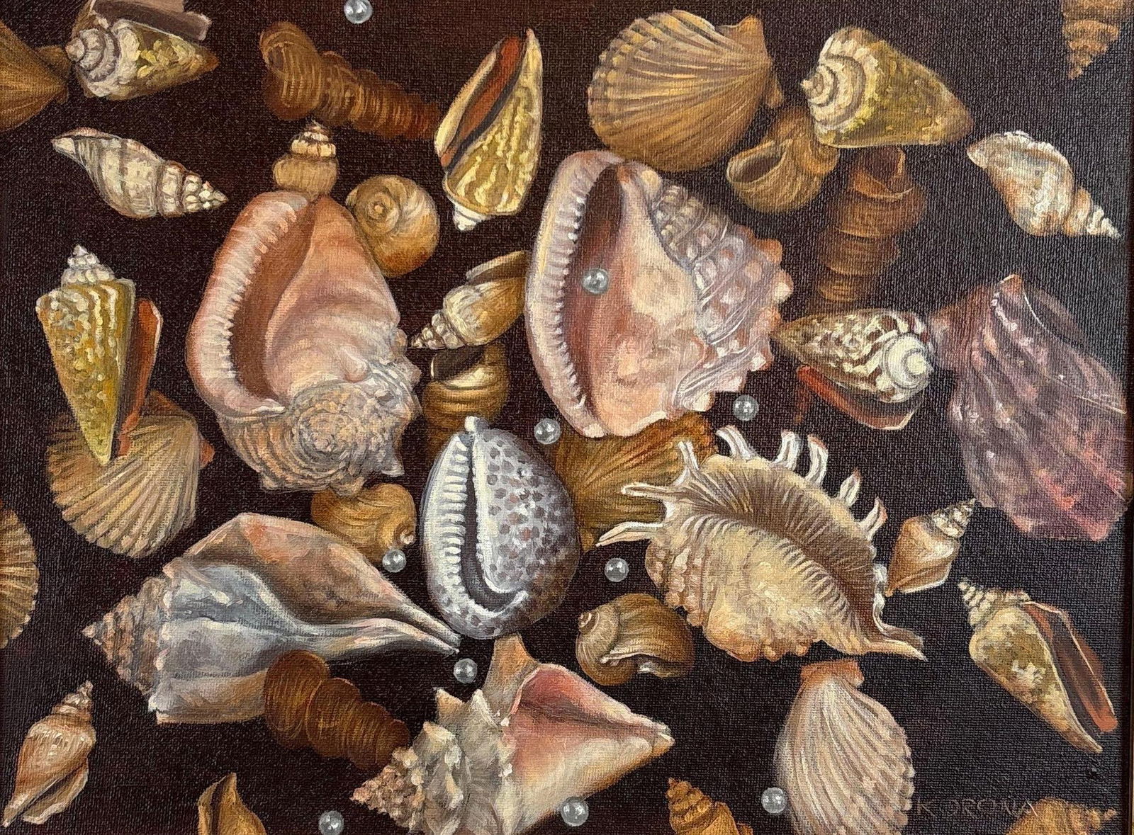 MARGERET KORONA SIGNED SURREALIST SEASHELLS STILL LIFE OIL ON CANVAS: A surrealist still life oil on canvas of assorted sea shells with pearl accents on dark ground. Overall Approximate Dimensions: 16.5"L x 20.5"W Art Approximate Dimensions: 11.5"L x 15.5&#