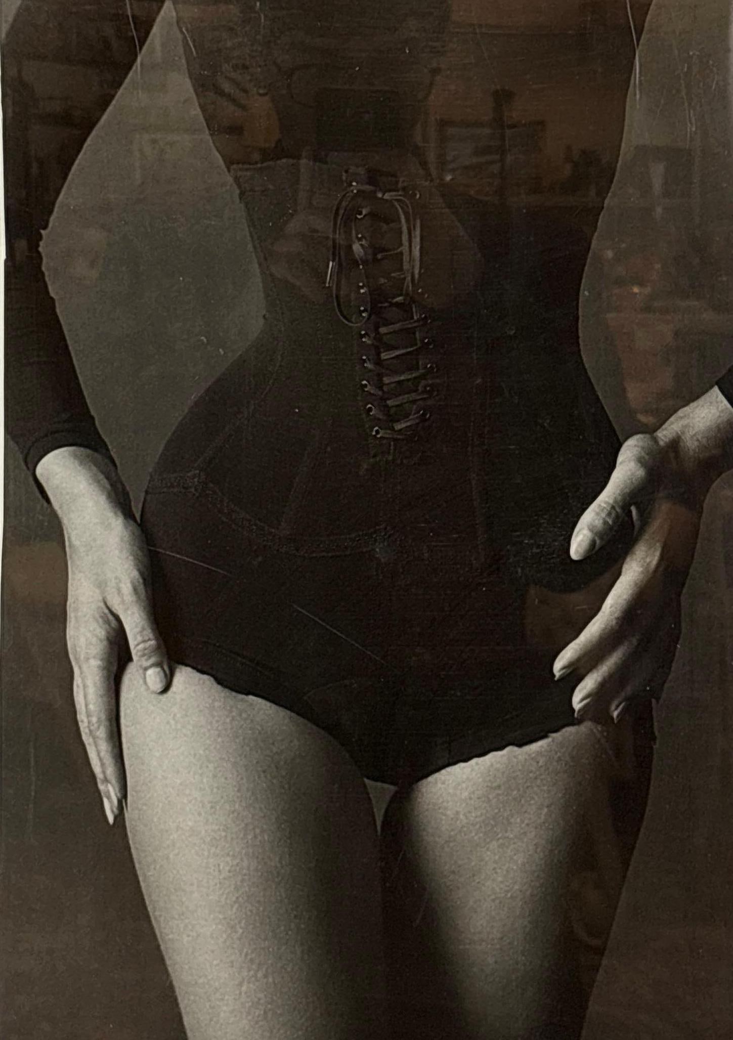 AFTER JEANLOUP SIEFF "THE CORSET" 1963 DECORATIVE FASHION ART PRINT FRAMED: A framed black and white exhibition style art print of one of Seiff's most iconic images: "The Corset" (often titled "Corset, New York,") originally captured in 1962 for Harper's Bazaar. Approximate D